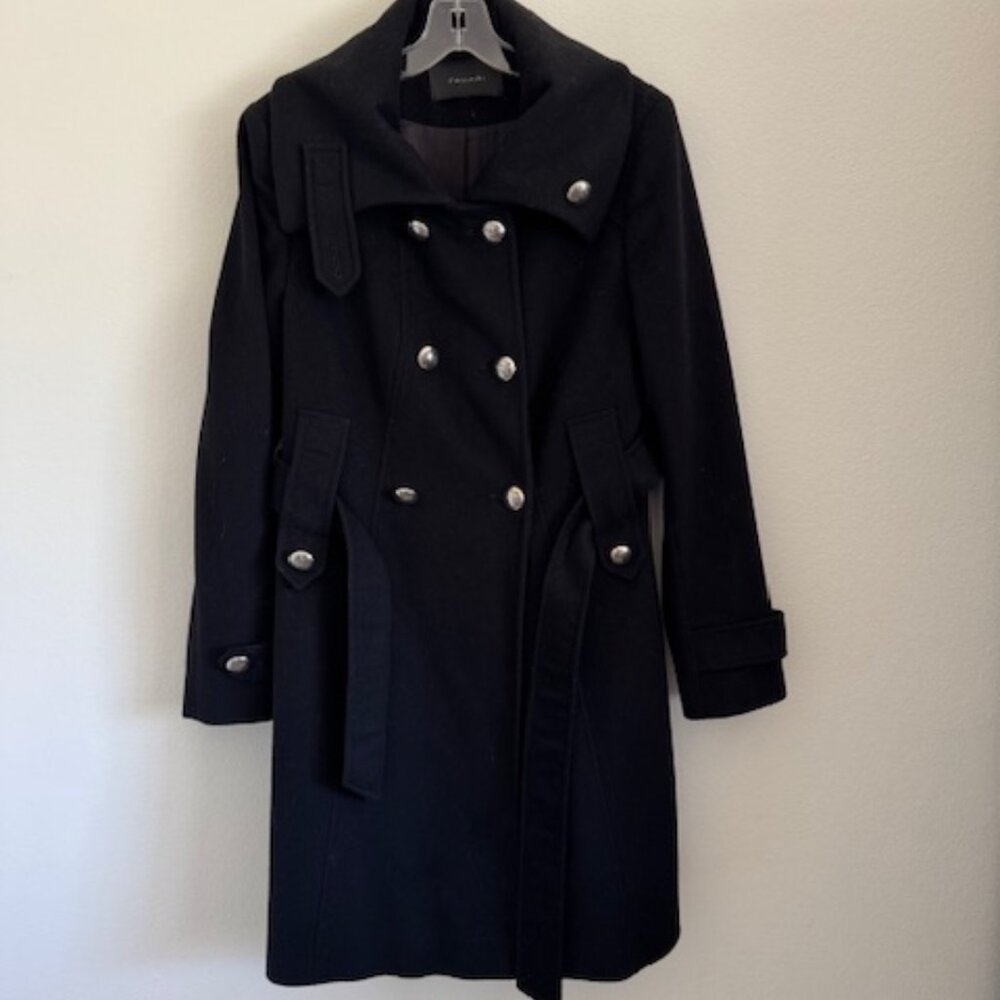 Tahari Italian Wool Long Coat, Double Breasted with Belt & Funnel Military Neck